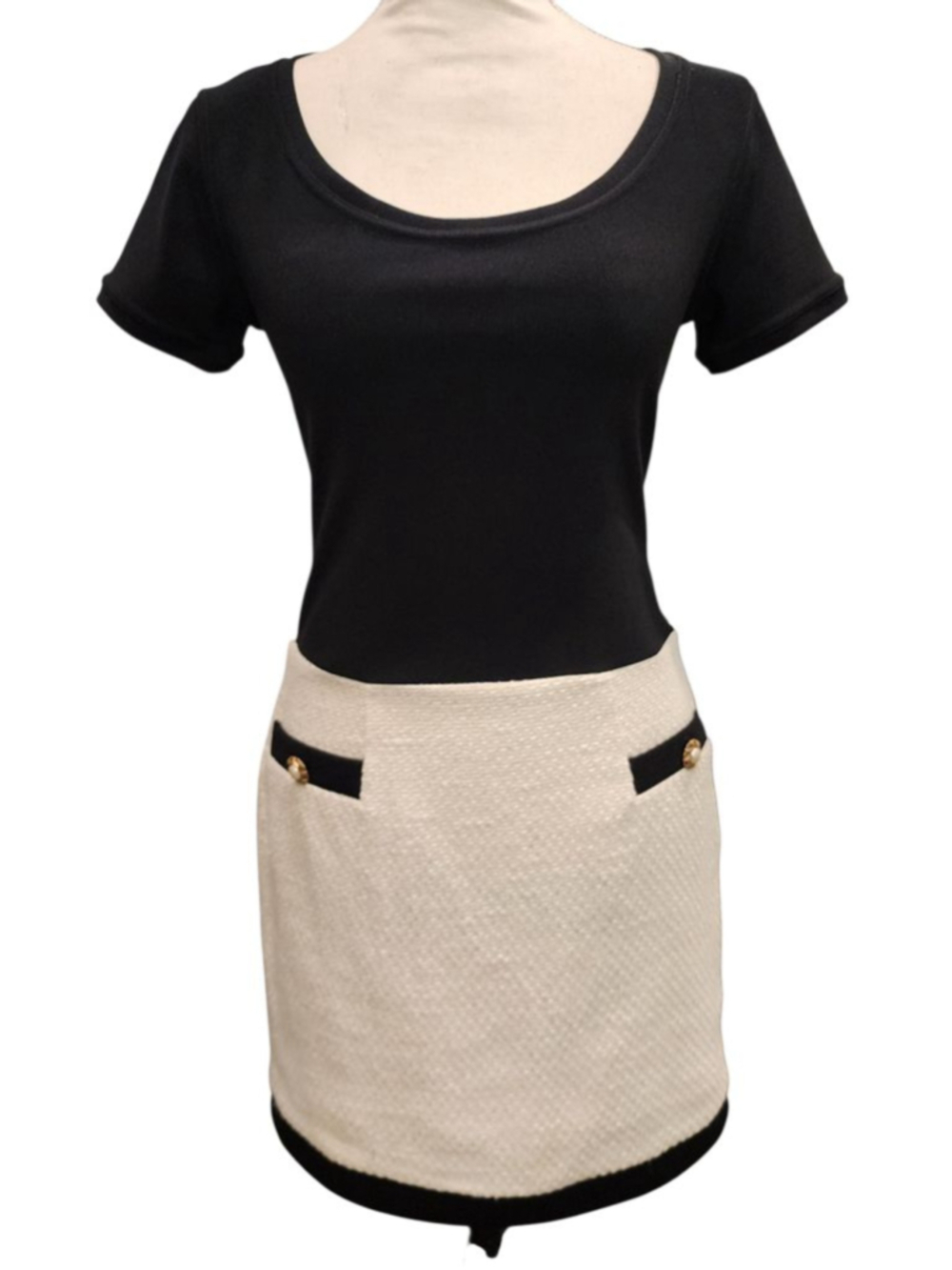 ABS by Allen Schwartz Black Cream Tweed Knit Colorblock Mini Dress Size 6